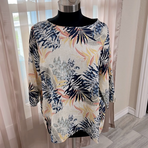 Chico's Tops - Chico's Boatneck Tropical Leaf Tunic in Navy, Yellow, Pink, Cream